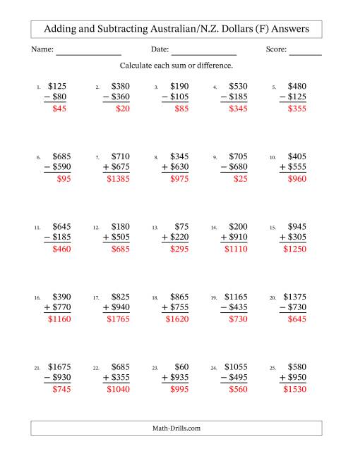 The Adding and Subtracting Australian/N.Z. Dollars With Amounts from 5 to 995 in Increments of Five Dollars (F) Math Worksheet Page 2