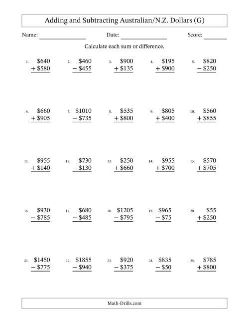 The Adding and Subtracting Australian/N.Z. Dollars With Amounts from 5 to 995 in Increments of Five Dollars (G) Math Worksheet