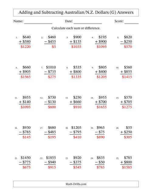 The Adding and Subtracting Australian/N.Z. Dollars With Amounts from 5 to 995 in Increments of Five Dollars (G) Math Worksheet Page 2