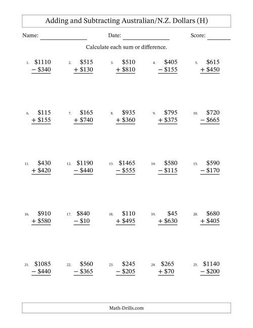 The Adding and Subtracting Australian/N.Z. Dollars With Amounts from 5 to 995 in Increments of Five Dollars (H) Math Worksheet