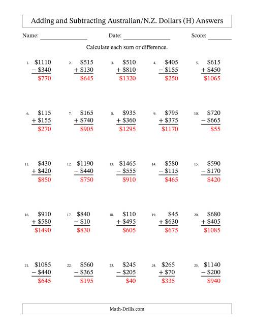 The Adding and Subtracting Australian/N.Z. Dollars With Amounts from 5 to 995 in Increments of Five Dollars (H) Math Worksheet Page 2