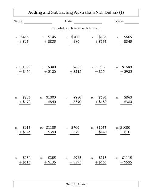 The Adding and Subtracting Australian/N.Z. Dollars With Amounts from 5 to 995 in Increments of Five Dollars (I) Math Worksheet