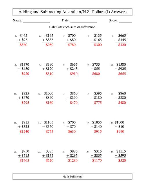 The Adding and Subtracting Australian/N.Z. Dollars With Amounts from 5 to 995 in Increments of Five Dollars (I) Math Worksheet Page 2