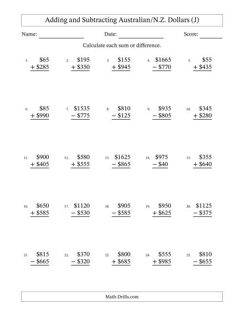 The Adding and Subtracting Australian/N.Z. Dollars With Amounts from 5 to 995 in Increments of Five Dollars (J) Math Worksheet