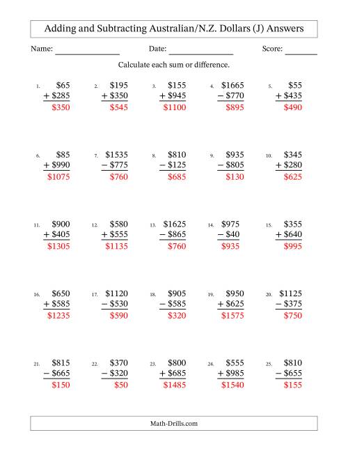 The Adding and Subtracting Australian/N.Z. Dollars With Amounts from 5 to 995 in Increments of Five Dollars (J) Math Worksheet Page 2