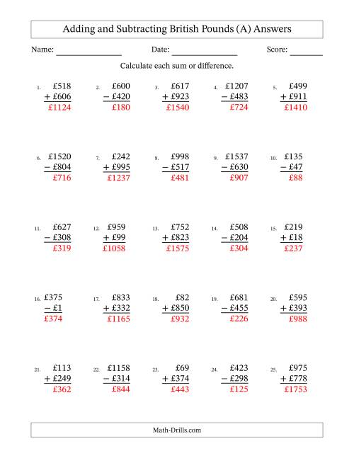 The Adding and Subtracting British Pounds With Amounts from 1 to 999 in Increments of One Pound (A) Math Worksheet Page 2