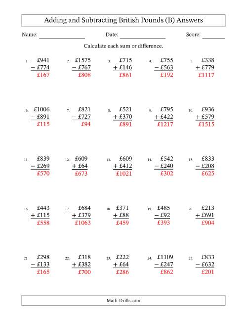 The Adding and Subtracting British Pounds With Amounts from 1 to 999 in Increments of One Pound (B) Math Worksheet Page 2