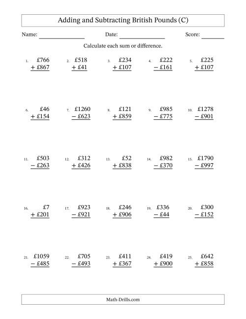 The Adding and Subtracting British Pounds With Amounts from 1 to 999 in Increments of One Pound (C) Math Worksheet