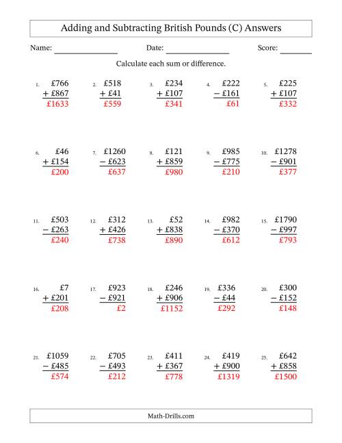 The Adding and Subtracting British Pounds With Amounts from 1 to 999 in Increments of One Pound (C) Math Worksheet Page 2