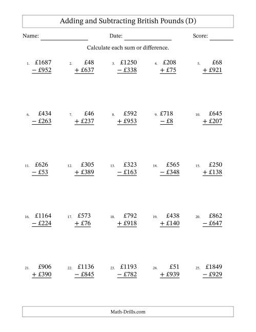 The Adding and Subtracting British Pounds With Amounts from 1 to 999 in Increments of One Pound (D) Math Worksheet