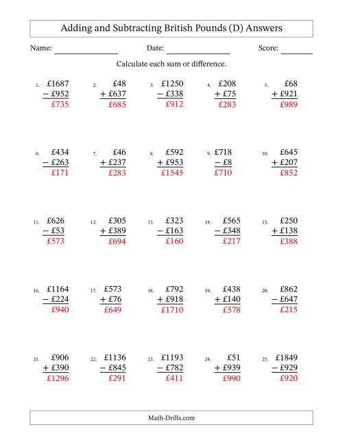 The Adding and Subtracting British Pounds With Amounts from 1 to 999 in Increments of One Pound (D) Math Worksheet Page 2