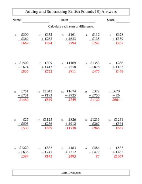 The Adding and Subtracting British Pounds With Amounts from 1 to 999 in Increments of One Pound (E) Math Worksheet Page 2