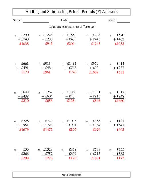 The Adding and Subtracting British Pounds With Amounts from 1 to 999 in Increments of One Pound (F) Math Worksheet Page 2