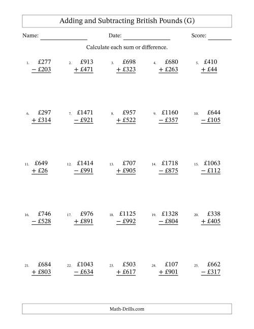 The Adding and Subtracting British Pounds With Amounts from 1 to 999 in Increments of One Pound (G) Math Worksheet