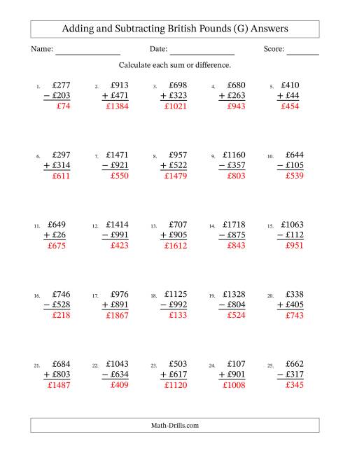 The Adding and Subtracting British Pounds With Amounts from 1 to 999 in Increments of One Pound (G) Math Worksheet Page 2