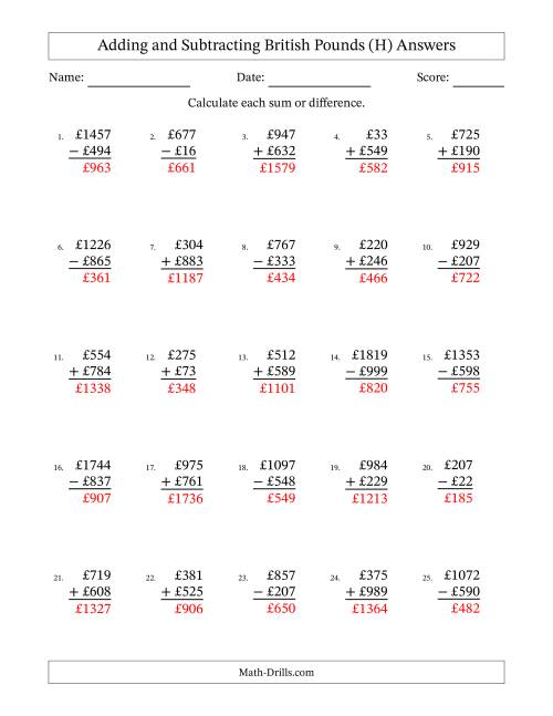 The Adding and Subtracting British Pounds With Amounts from 1 to 999 in Increments of One Pound (H) Math Worksheet Page 2