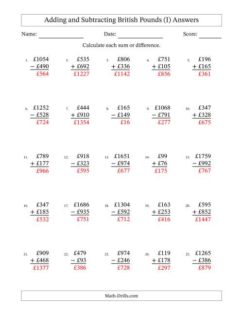 The Adding and Subtracting British Pounds With Amounts from 1 to 999 in Increments of One Pound (I) Math Worksheet Page 2