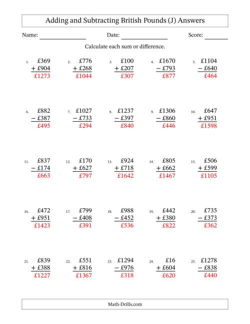 The Adding and Subtracting British Pounds With Amounts from 1 to 999 in Increments of One Pound (J) Math Worksheet Page 2