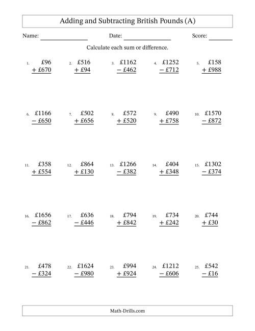 The Adding and Subtracting British Pounds With Amounts from 2 to 998 in Increments of Two Pounds (A) Math Worksheet