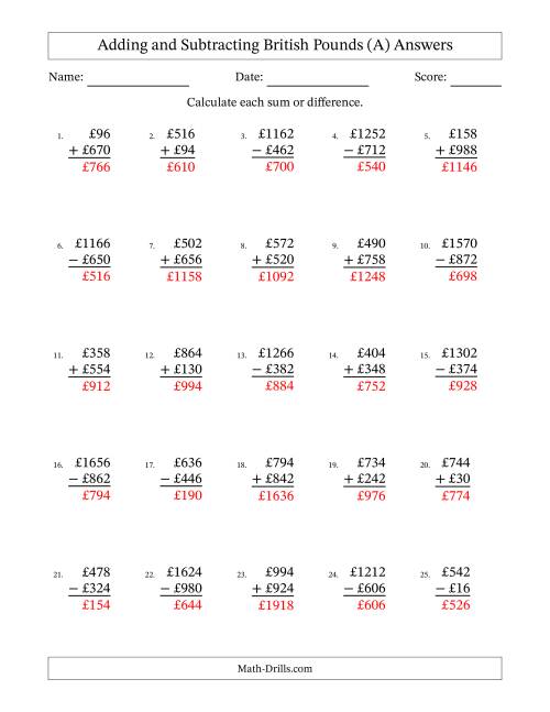 The Adding and Subtracting British Pounds With Amounts from 2 to 998 in Increments of Two Pounds (A) Math Worksheet Page 2