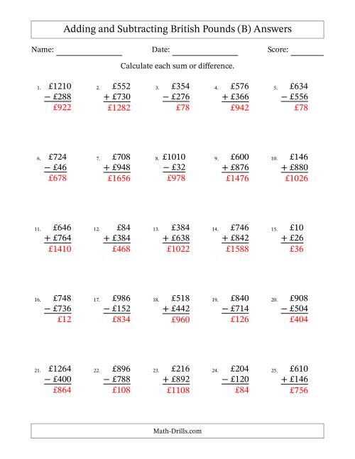 The Adding and Subtracting British Pounds With Amounts from 2 to 998 in Increments of Two Pounds (B) Math Worksheet Page 2