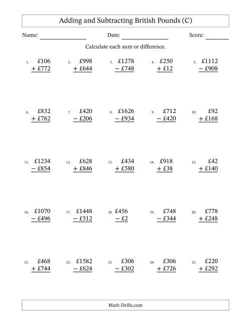 The Adding and Subtracting British Pounds With Amounts from 2 to 998 in Increments of Two Pounds (C) Math Worksheet