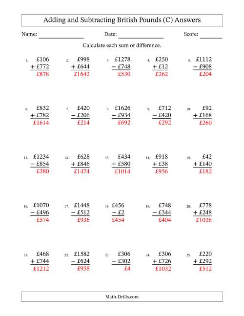 The Adding and Subtracting British Pounds With Amounts from 2 to 998 in Increments of Two Pounds (C) Math Worksheet Page 2