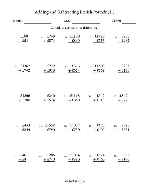 The Adding and Subtracting British Pounds With Amounts from 2 to 998 in Increments of Two Pounds (D) Math Worksheet