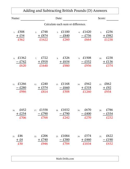 The Adding and Subtracting British Pounds With Amounts from 2 to 998 in Increments of Two Pounds (D) Math Worksheet Page 2