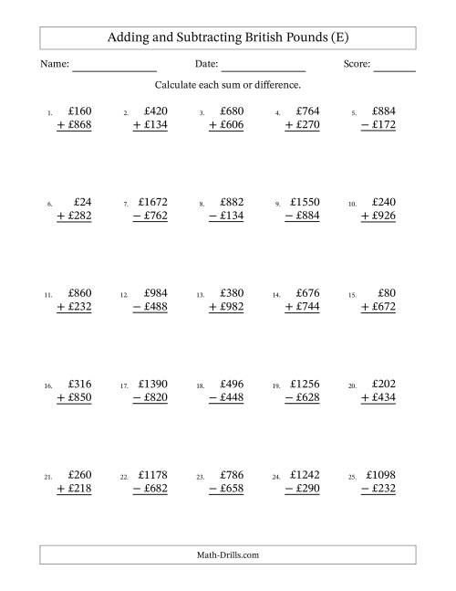 The Adding and Subtracting British Pounds With Amounts from 2 to 998 in Increments of Two Pounds (E) Math Worksheet