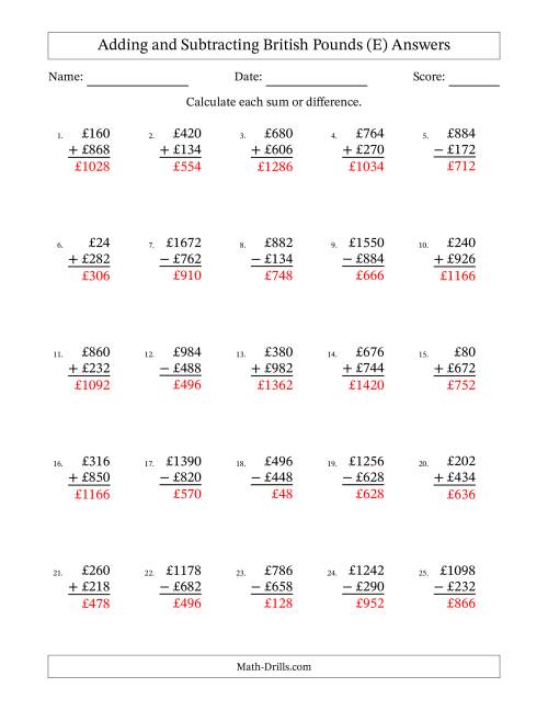 The Adding and Subtracting British Pounds With Amounts from 2 to 998 in Increments of Two Pounds (E) Math Worksheet Page 2