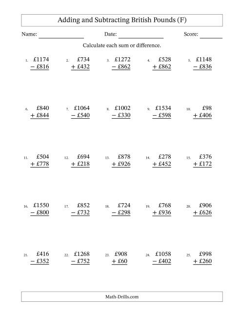 The Adding and Subtracting British Pounds With Amounts from 2 to 998 in Increments of Two Pounds (F) Math Worksheet