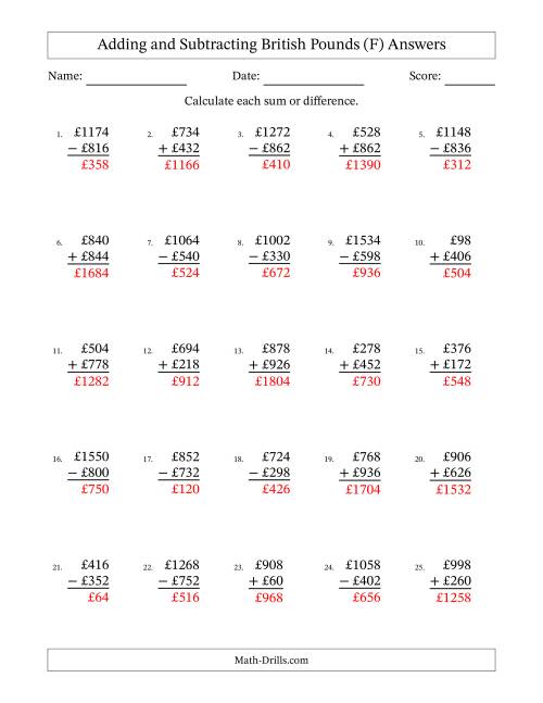 The Adding and Subtracting British Pounds With Amounts from 2 to 998 in Increments of Two Pounds (F) Math Worksheet Page 2