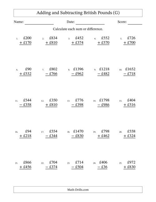 The Adding and Subtracting British Pounds With Amounts from 2 to 998 in Increments of Two Pounds (G) Math Worksheet