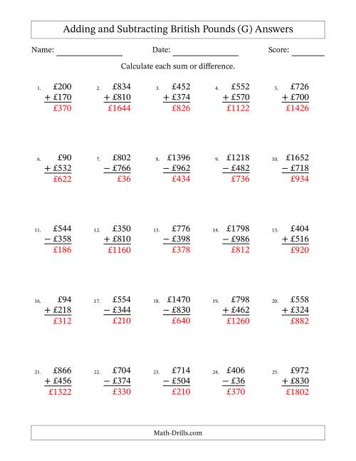 The Adding and Subtracting British Pounds With Amounts from 2 to 998 in Increments of Two Pounds (G) Math Worksheet Page 2