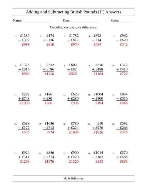 The Adding and Subtracting British Pounds With Amounts from 2 to 998 in Increments of Two Pounds (H) Math Worksheet Page 2