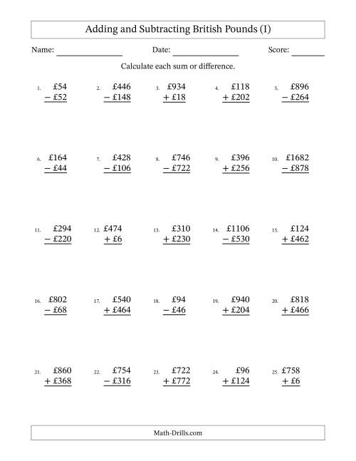 The Adding and Subtracting British Pounds With Amounts from 2 to 998 in Increments of Two Pounds (I) Math Worksheet