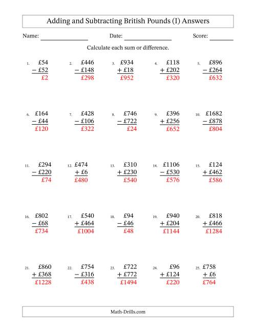 The Adding and Subtracting British Pounds With Amounts from 2 to 998 in Increments of Two Pounds (I) Math Worksheet Page 2