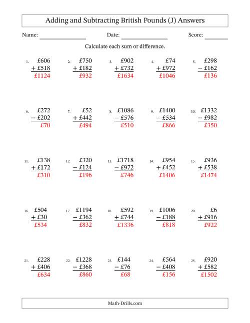 The Adding and Subtracting British Pounds With Amounts from 2 to 998 in Increments of Two Pounds (J) Math Worksheet Page 2