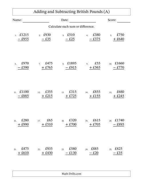 The Adding and Subtracting British Pounds With Amounts from 5 to 995 in Increments of Five Pounds (A) Math Worksheet