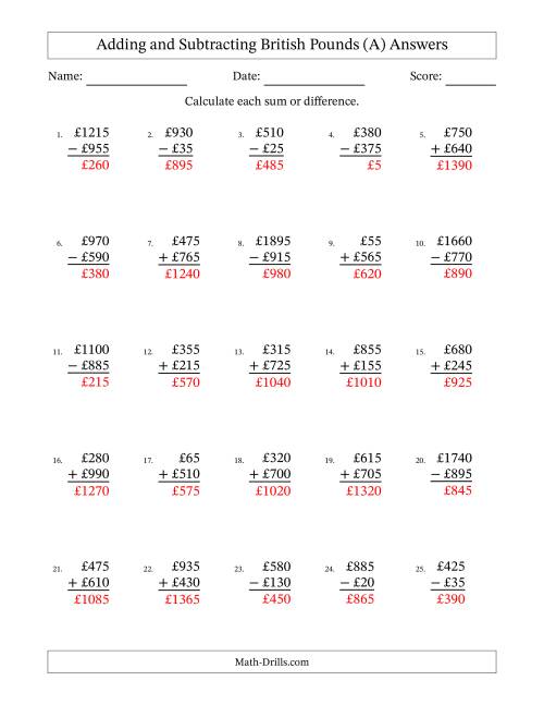 The Adding and Subtracting British Pounds With Amounts from 5 to 995 in Increments of Five Pounds (A) Math Worksheet Page 2