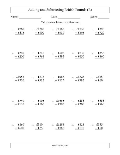 The Adding and Subtracting British Pounds With Amounts from 5 to 995 in Increments of Five Pounds (B) Math Worksheet