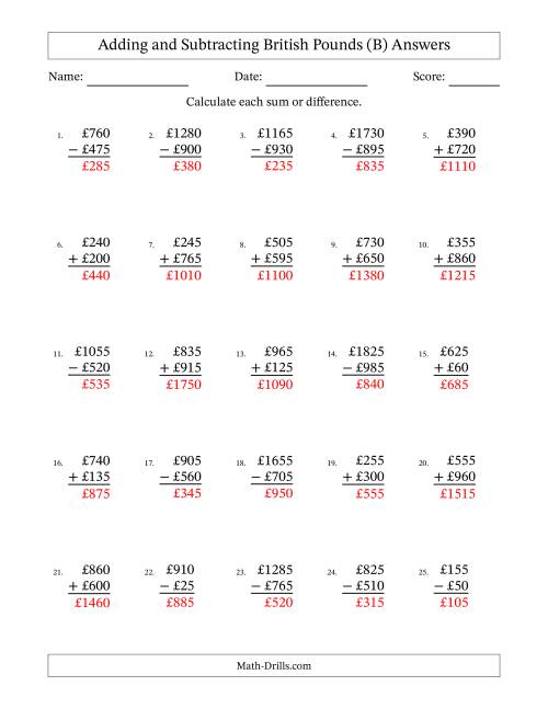 The Adding and Subtracting British Pounds With Amounts from 5 to 995 in Increments of Five Pounds (B) Math Worksheet Page 2