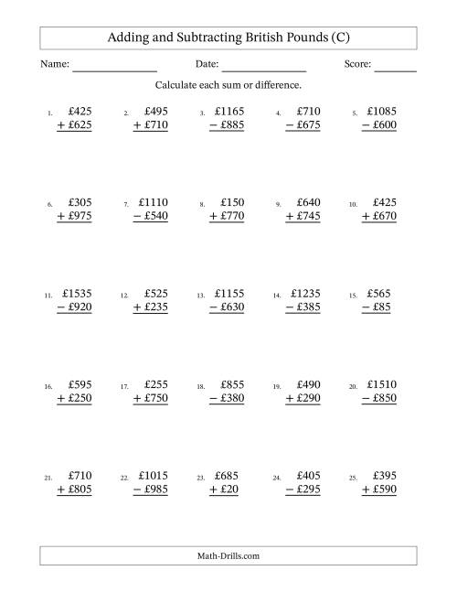 The Adding and Subtracting British Pounds With Amounts from 5 to 995 in Increments of Five Pounds (C) Math Worksheet