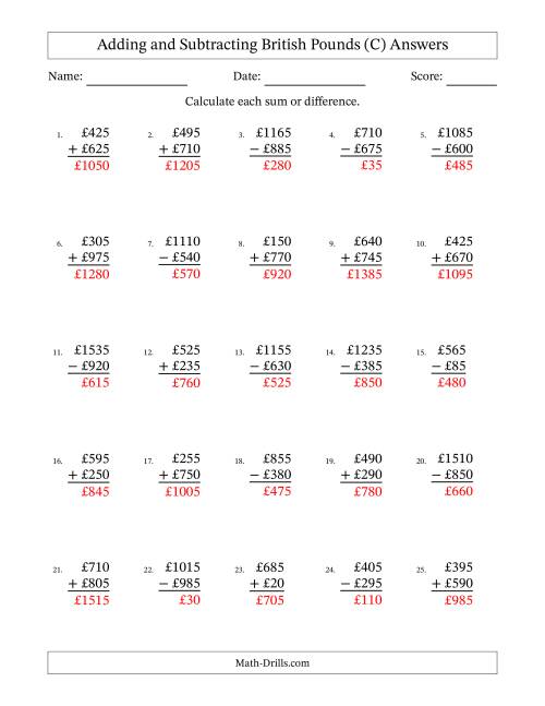 The Adding and Subtracting British Pounds With Amounts from 5 to 995 in Increments of Five Pounds (C) Math Worksheet Page 2