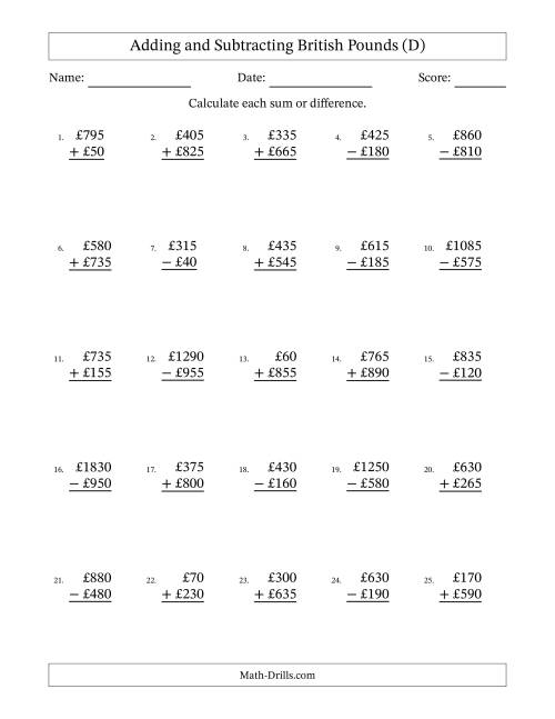 The Adding and Subtracting British Pounds With Amounts from 5 to 995 in Increments of Five Pounds (D) Math Worksheet