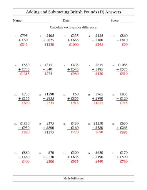 The Adding and Subtracting British Pounds With Amounts from 5 to 995 in Increments of Five Pounds (D) Math Worksheet Page 2