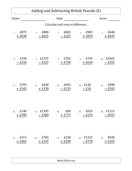 The Adding and Subtracting British Pounds With Amounts from 5 to 995 in Increments of Five Pounds (E) Math Worksheet