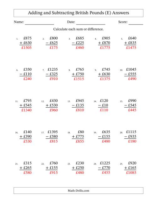 The Adding and Subtracting British Pounds With Amounts from 5 to 995 in Increments of Five Pounds (E) Math Worksheet Page 2