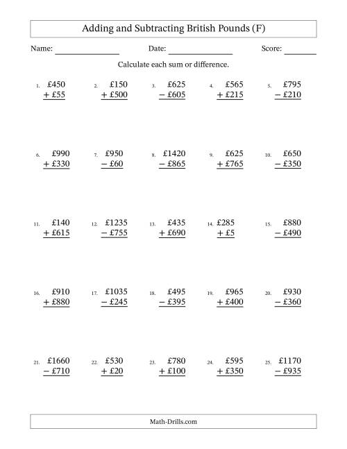 The Adding and Subtracting British Pounds With Amounts from 5 to 995 in Increments of Five Pounds (F) Math Worksheet